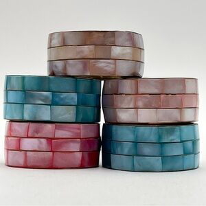 Mother of Pearl and Brass Napkin Rings Lot Pastel Pinks Blues 5 Pieces Vintage